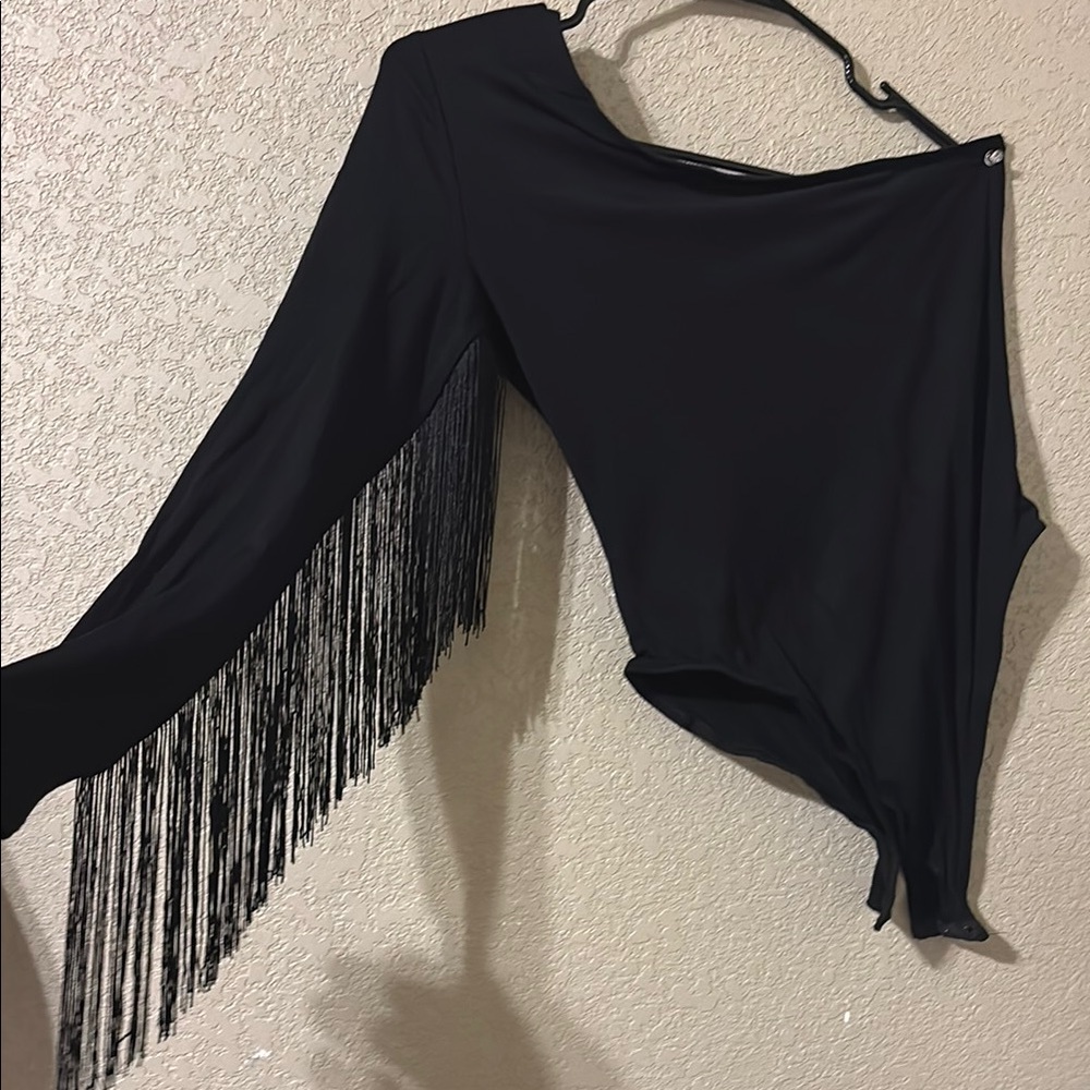 Black Fringe Asymmetrical Top